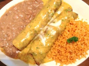 Sunset Beef Enchiladas. Two to an order served with Rice and Beans.